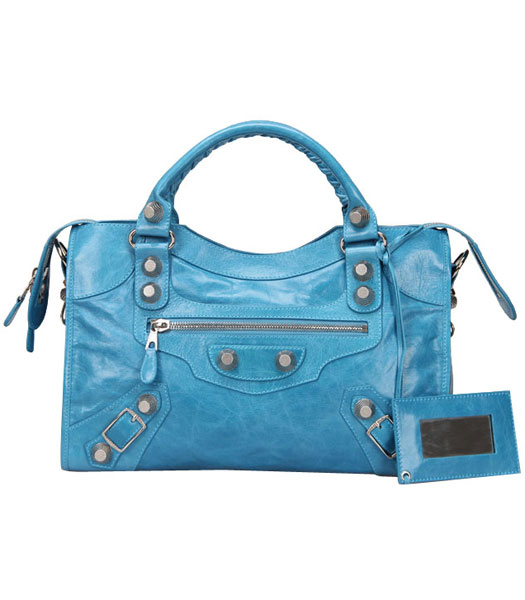 Balenciaga Motorcycle City Bag in cielo blu scuro in pelle Olio Silv